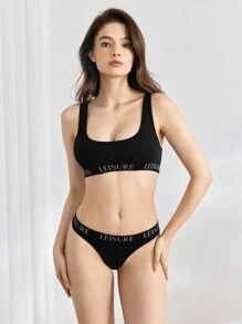 Ocili 女士無縫短背心內衣，字母印花，可拆卸胸墊 - 黑色 - 查看 6