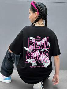 SHEIN Camiseta para adolescente con eslogan y patrón de dólares estadounidenses, perfecta para atuendos cómodos y casuales de verano