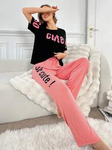 Conjunto de ropa de hogar con estampado de letras, mangas cortas y pantalones largos - Multicolor - Ver 6