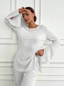 EURMUSE Women's Solid Color Simple Daily Long Sleeve Top And Long Pants 2pcs/Set - White - View 4