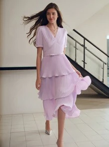 MOTF PREMIUM 褶皺層疊飄逸洋裝 - 淡紫色 - 查看 2