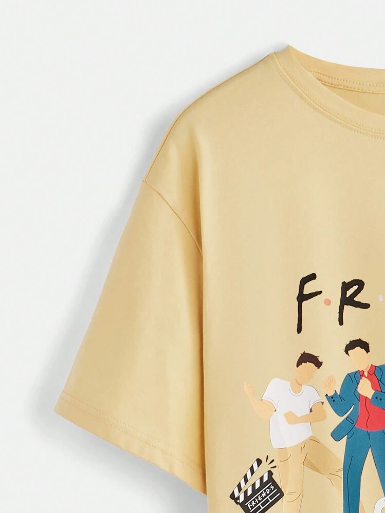 FRIENDS X SHEIN Plus Size Casual Loose T-Shirt, With Cartoon Color Block Character Art Print, Summer - Khaki - View 5
