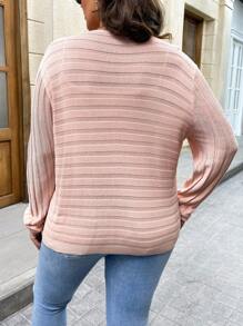 SHEIN LUNE 大尺碼純色V領修身長袖開襟羊毛衫，適合日常休閒和度假 - 杏色 - 查看 2