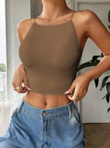 SHEIN EZwear 女士夏季純色修身款短款背心 - 咖啡棕 - 查看 5