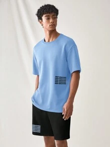 Manfinity VCAY 男士標語圖案下擺寬鬆T恤與短褲套裝 - 藍色 - 查看 1