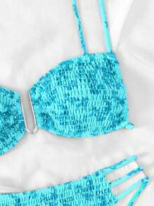 SHEIN Swim Floral Print Shirred Cut-Out Bikini Set 2 Pieces Bathing Suits Summer - Mint Blue - View 3