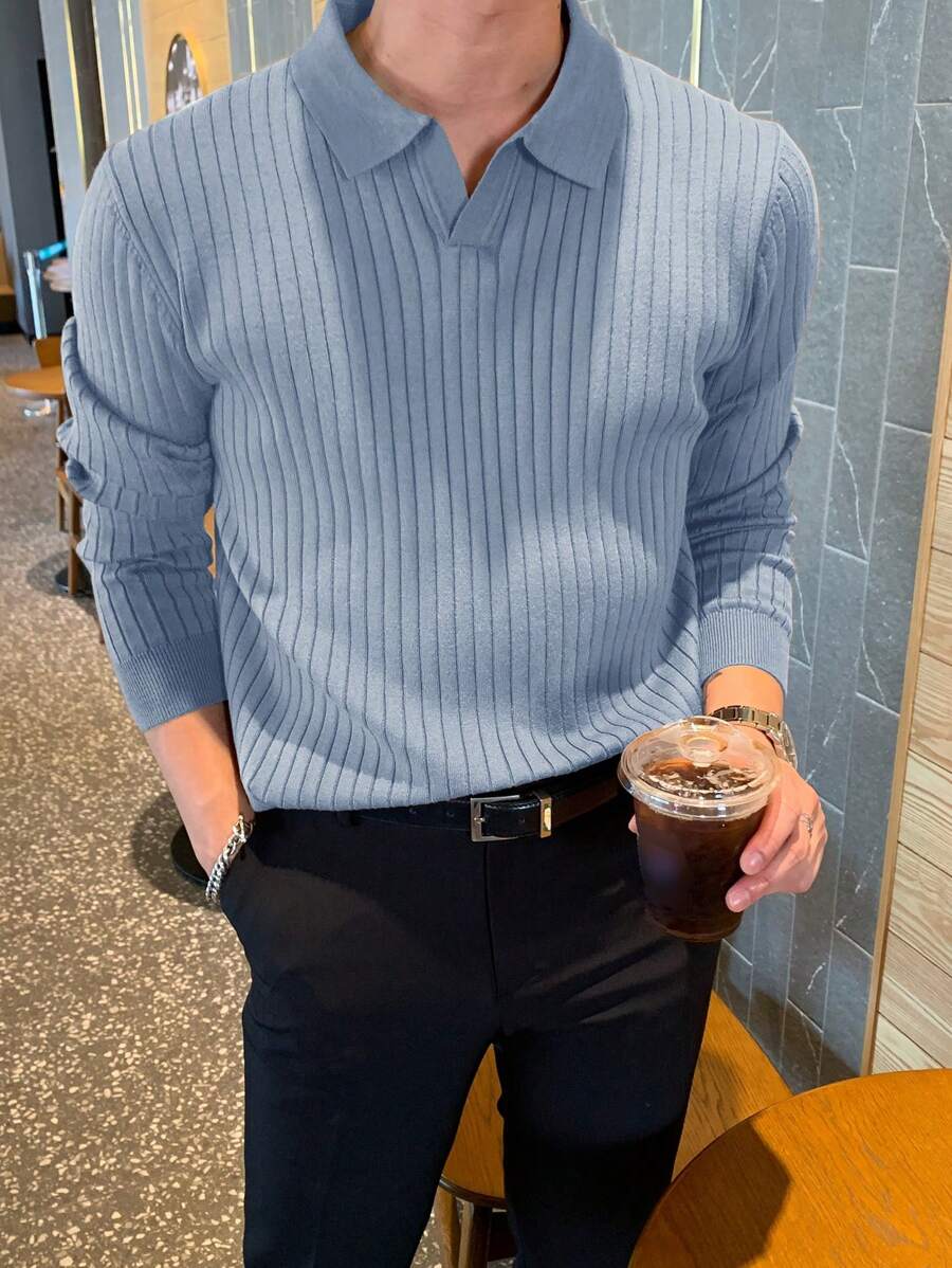 DAZY 男士秋季休闲纯色罗纹针织毛衣商务装 - 藍色 - 查看 1