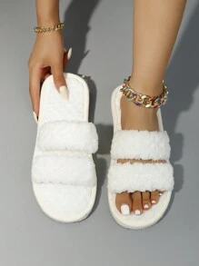 Zapatillas de novia de dos correas paralelas, blancas, esponjosas y mullidas para damas de honor, zapatillas de boda de suela blanda, cómodas y silenciosas para el piso del dormitorio - Blanco - Ver 4