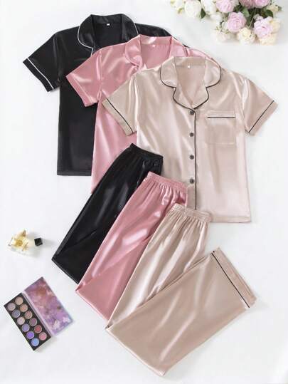 Conjunto de pijama de 3 piezas para mujer con mangas cortas con ribete en contraste y pantalones largos (tallas estándar)