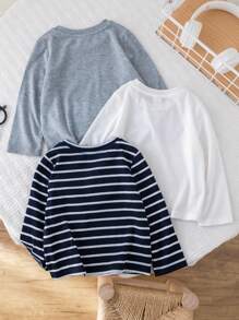 Loomiva Infant 3pcs Set Black White Striped & Solid Color Crew Neck Long Sleeve Sweatshirt Tops, Soft, Comfortable, Versatile For Home & Outdoor Wear, Spring Autumn - Multicolor - View 2