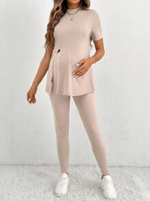 SHEIN Maternity Daily Casual Wear, 2pcs Ribbed Stand Collar Top With Split Hem Pants, Solid Color Slim Fit - Apricot - View 3