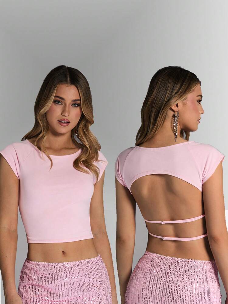 Women's Summer Solid Color Back Hollow Out Round Neck Short Cap Sleeve Slim Fit T-Shirt