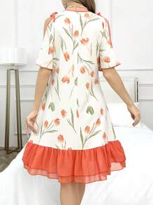 CottageSlumber Ruffle Strap Bowknot Print Pajama Night Dress With Ruffled Trims Holiday Season - Orange - View 2