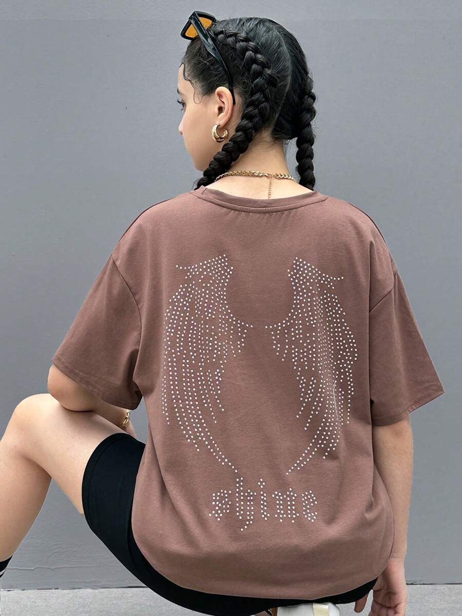 SHEIN Teen Girls Rhinestone Wing Pattern Drop Shoulder Tee - Mocha Brown - View 1