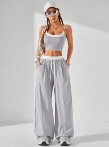 Coolane Conjunto de ropa de calle de primavera/verano para mujer con estilo, parte superior de tirantes finos con diseño de bloques de color + pantalones de color contrastante