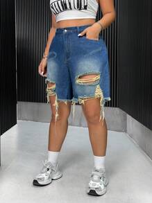 SHEIN ICON Quần short denim đau khổ hàng ngày màu trơn đơn giản dành cho nữ Plus Size - Màu xanh lam - Xem 6