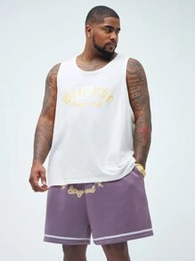 Manfinity VCAY 2pcs/Set Men's Plus Size Knitted Sleeveless Tank Top And Shorts Set, With Letter Print, Mid-Waist Drawstring And Straight-Cut Design, Suitable For Summer - Multicolor - View 1