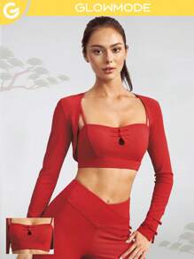 GLOWMODE 1 Pieza Suave Manguito Activo Con Diseño De Nudos Icónicos Y Sin Sujetador, Chaqueta Corta De Manga Larga Y Acanalada Para Año Nuevo - Rojo - Ver 1