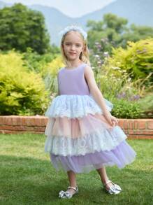 SHEIN Glamorique Kids Girls' Elegant Birthday Party Holiday Puffy Lace Flower Edge Colorful Mesh Dress With Train Cake Skirt, Purple Satin Ribbon & Glitter Sequins Performance Dress For Stage Show