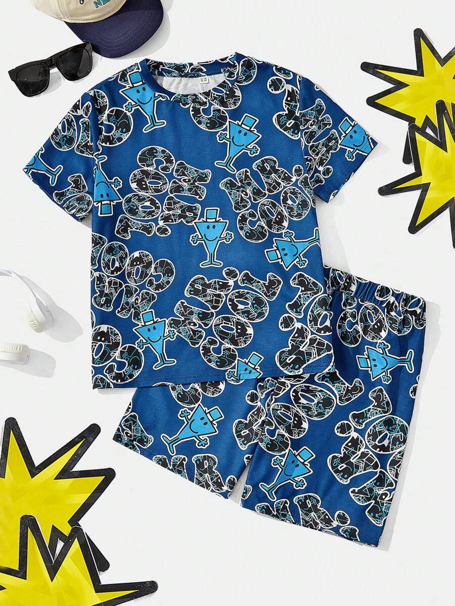 Mr Men Little Miss X SHEIN Tween Boy Bright Blue Letter Printed Cool Casual Homewear Set - Blue - View 1