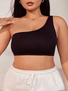 SHEIN Plus Comfortable Solid Wireless One Shoulder Bralette - Black - View 5