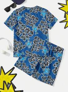 Mr Men Little Miss X SHEIN Tween Boy Bright Blue Letter Printed Cool Casual Homewear Set - Blue - View 2