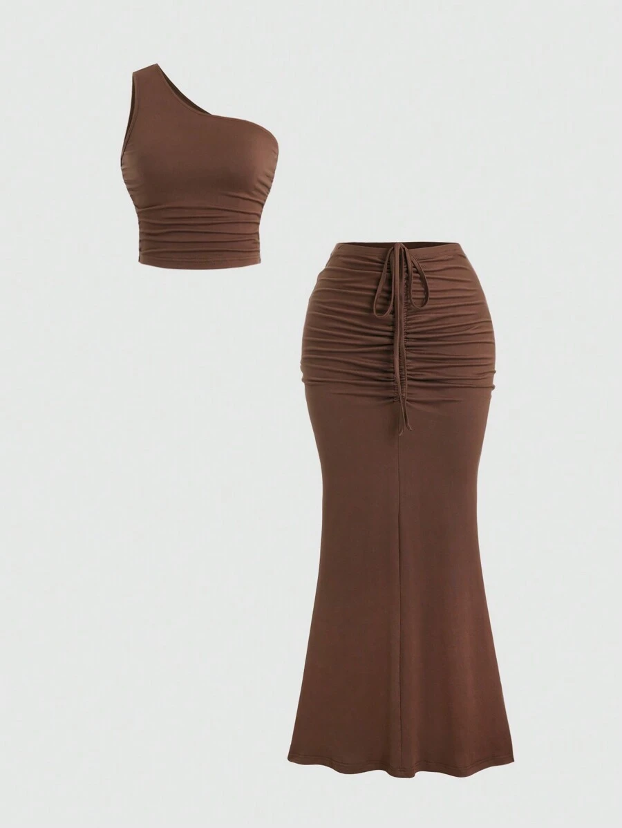 Sweetra Conjunto de verano de top plisado con cuello asimétrico en unicolor y falda con cordón en la cintura - Estilo Y2K - Marrón - Ver 1