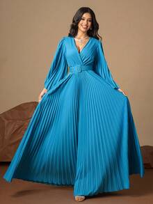 假日天蓝色长袖 V 领褶皱大下摆带腰带夏季女士连衣裙，度假装女士 - 藍色 - 查看 5