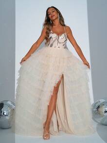 Missord Rochie de bal de damă, cu paiete, mozaic, elegantă din plasă - Caisă - Vizualizare 7