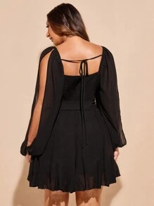 SHEIN BAE 大码女式黑色纯色沙滩度假日常约会性感简约雪纺连衣裙，深V领口，蝴蝶结系带，开衩灯笼袖 - 黑色 - 查看 3
