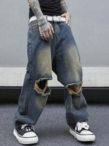 Manfinity Roghcode Hombre Jeans rasgados y deshilachados con corte recto y pierna holgada - Lavado ligero - Ver 1