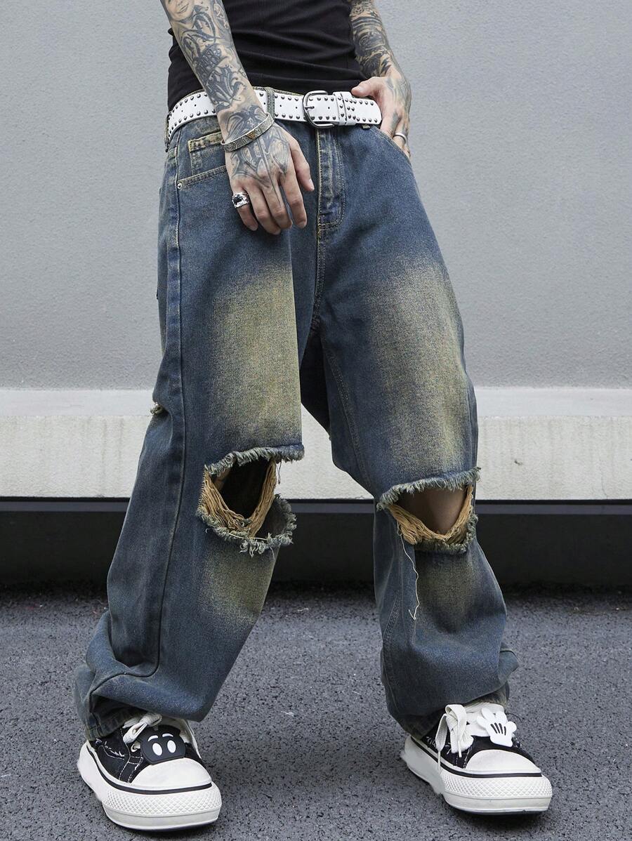 Manfinity Roghcode Hombre Jeans rasgados y deshilachados con corte recto y pierna holgada - Lavado ligero - Ver 1
