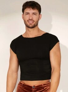 FeverCity Camiseta de manga corta de punto ceñida para hombres, diseño sin espalda, adecuada para el verano