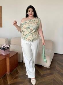 Dazy Plus 大码印花不对称领口优雅宽松上衣，适合夏季度假穿着 - 杏色 - 查看 5