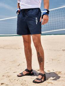In My Nature Men Letter Graphic Drawstring Waist Outdoor Shorts - Blue - View 8