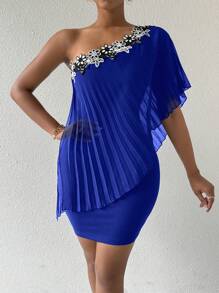 Chiquease Ladies' Oblique-Shoulder Pleated Tight Embroidery Patchwork Dress, Summer - Blue - View 1