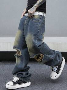 Manfinity Roghcode Hombre Jeans rasgados y deshilachados con corte recto y pierna holgada - Lavado ligero - Ver 4