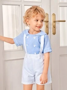 SHEIN Bộ 2 món: Áo sơ mi tay ngắn phong cách quý ông thời đại học màu xanh navy và quần short có quai màu trắng tinh khiết, phối màu cổ điển, quý ông nhưng vẫn thời trang, thoải mái cho bữa tiệc hàng ngày của trường đại học, đầy phong cách Anh, đa năng, thích hợp cho các buổi đi chơi, mua sắm, mặc hàng ngày, đẹp trai và sành điệu, hoàn hảo cho mùa xuân và mùa hè - Màu xanh lam - Xem 3