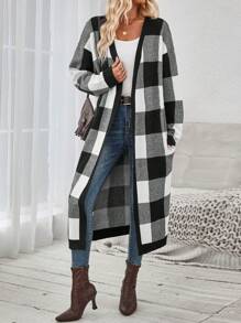 SHEIN LUNE Casual Checkerboard Pattern Long Cardigan With Pockets Fall Sweaters - Black and White - View 2