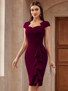 MIUSOL Elegant Solid Sweetheart Neck Ruffle Trim Cocktail Party Fitted Dress - Burgundy - View 4