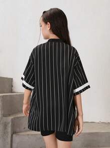 3pcs/Set Tween Girl Loose Black And White Striped Vest,  Half High-Neck Short Cardigan & Cycling Shorts With Printed Patterns - Black - View 2