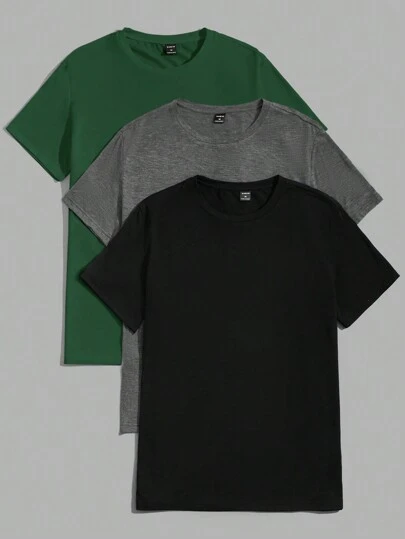 SHEIN 3 piezas Set de camisetas de manga corta sólidas para hombres, ideales para descansar en el verano