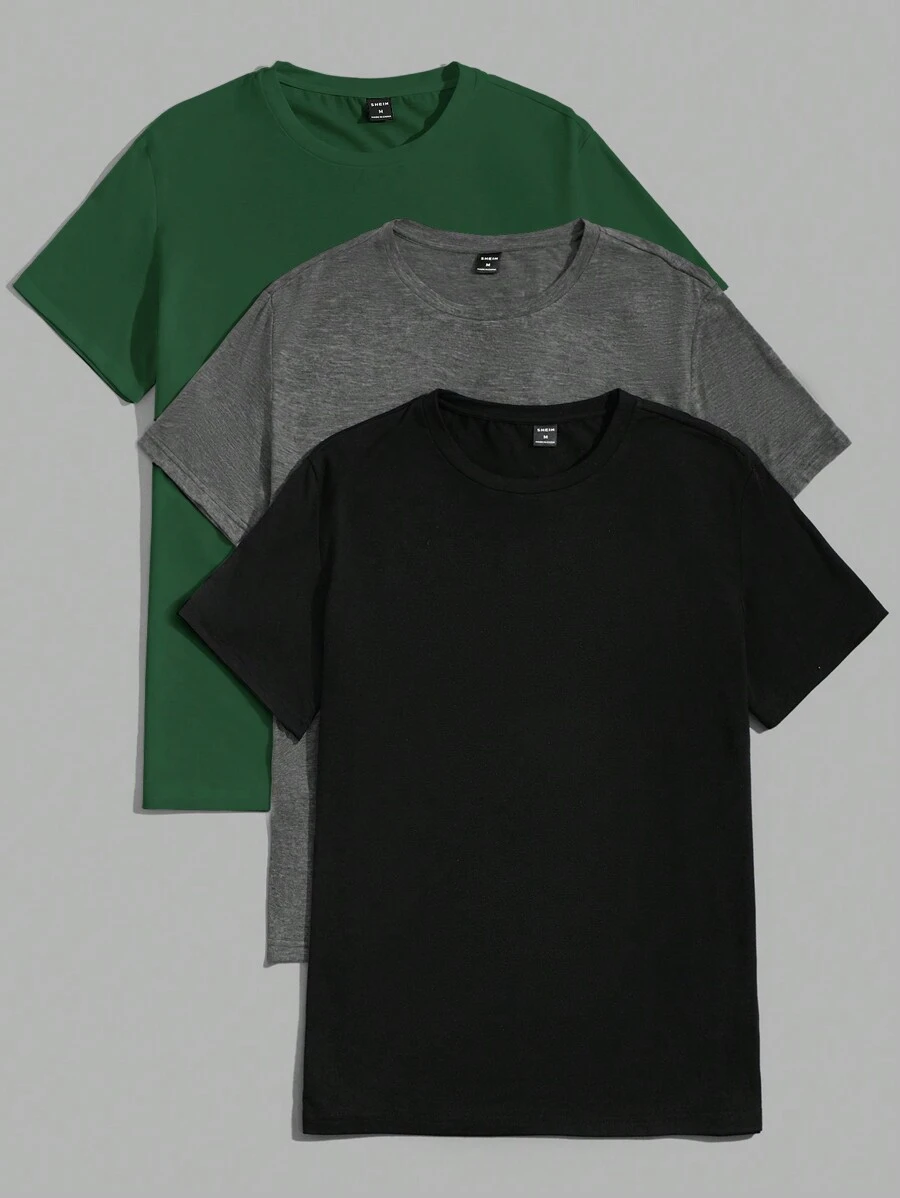 SHEIN Áo dài tay ngắn tay trơn cho nam 3 chiếc cho mùa hè - màu xanh lá - Xem 1