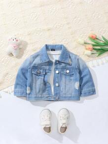 SHEIN Cute And Lively Embroidered Denim Jacket For Baby Girls - Medium Wash - View 2