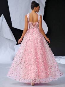 Glamrae Đầm dạ hội dày dặn, cổ vuông, tay lửng, họa tiết hoa ba chiều, màu hồng lãng mạn thanh lịch, cạp chun, xẻ cao, có thể điều chỉnh độ rộng, viền A - Màu Hồng baby - Xem 3