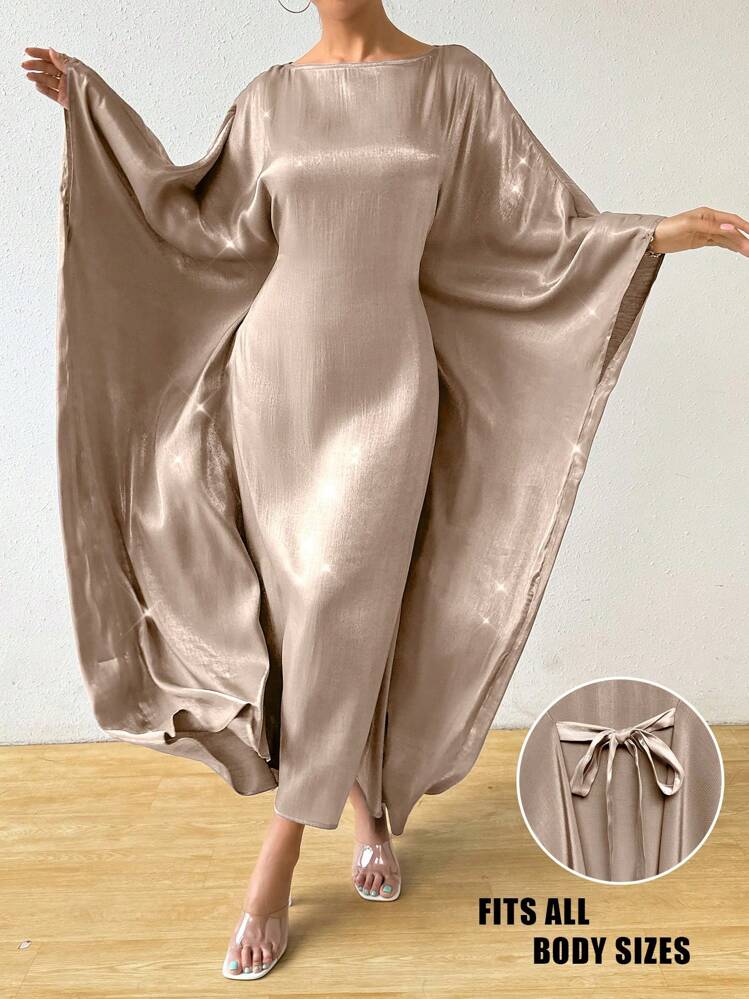 SHEIN Raffinéa Elegante abito lungo e lucido per donna, adatto per feste di compleanno, abiti da invitata a matrimoni, autunno - Champagne - Visualizzare 1