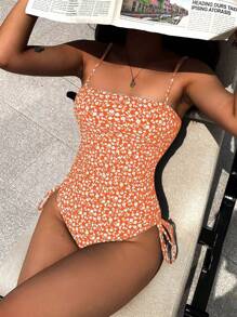 SHEIN Swim Ditsy Floral Drawstring Side One Piece Swimsuit Summer - Orange - View 5