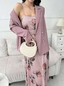 Modelyn Conjunto de 2 piezas para mujer: vestido de tirantes con estampado floral y chaqueta de manga larga de unicolor