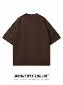 ANDREILEE Men's Hollow Out Short Sleeve Letter & Number Knit Top - Brown - View 2