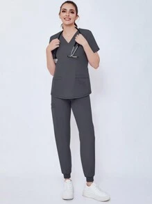 Women's Matte Running Elastic Nurse Uniform, Scrub Surgical Gown With Pockets, Breathable, Anti-Pilling And Anti-Static, 2pcs/Set, Nursing Clothes - Grey - View 3